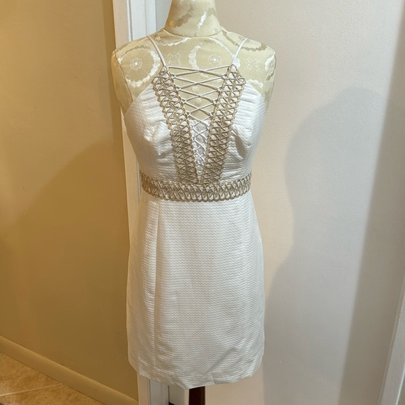 Lilly Pulitzer Trista Resort White Gold Lined Shift Sheath Dress 6 Zip Up NWT - Picture 8 of 17